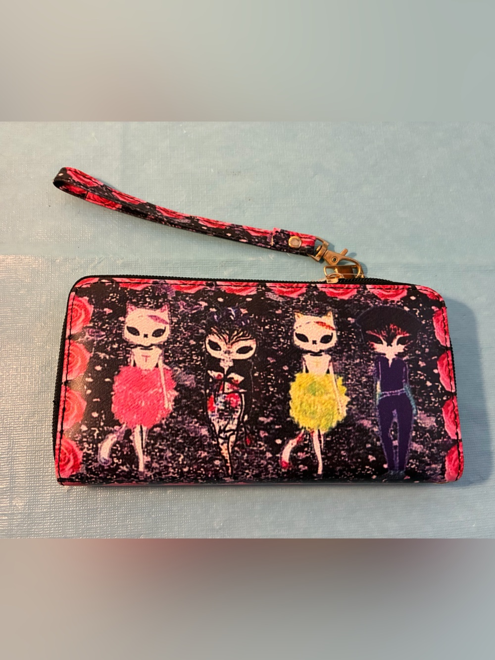 Cat Costume Wristlet Wallet in Black with Pink & Yellow Accents Faux Leather
